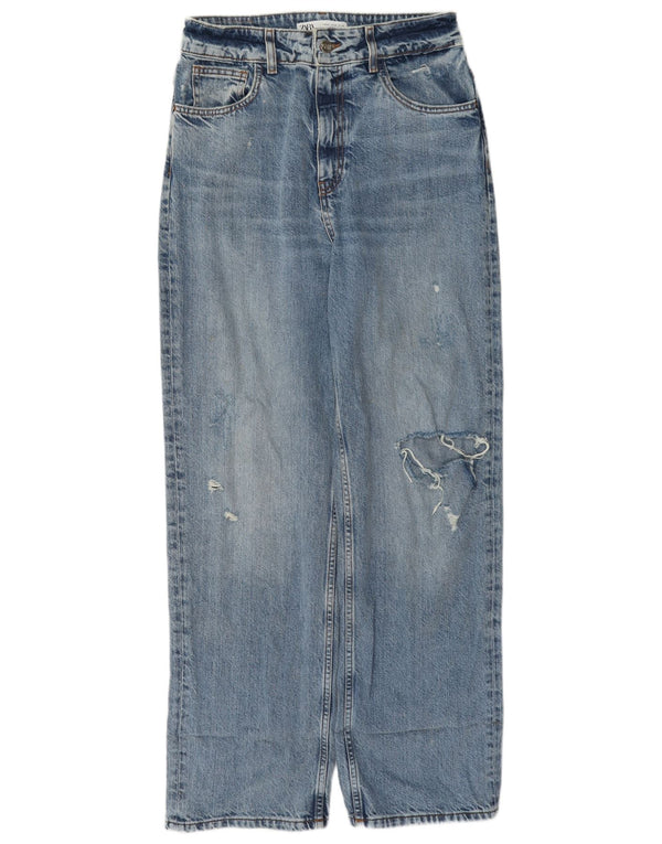 Zara Dame Højtalje Distressed Straight Jeans EU 40 Medium W30 L31 Blå