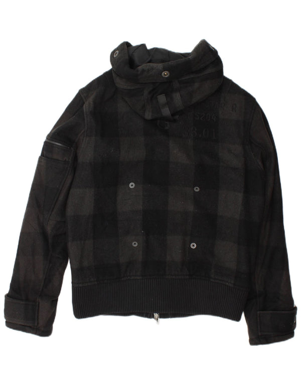 G-Star Mens Hooded Bomber Jacket UK 40 Large Black Check Wool