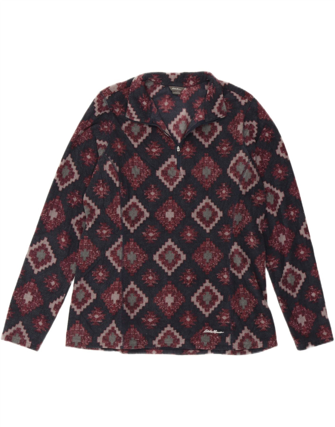 EDDIE BAUER Womens Zip Neck Fleece Jumper UK 16 Large Grey Argyle/Diamond Vintage Eddie Bauer and Second-Hand Eddie Bauer from Messina Hembry 