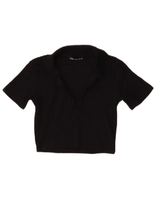 Zara Womens Crop Polo Shirt UK 8 Small Black Bomuld