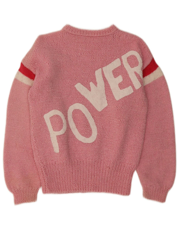 Vintage kvinders grafisk rund hals sweater UK 14 Medium Pink