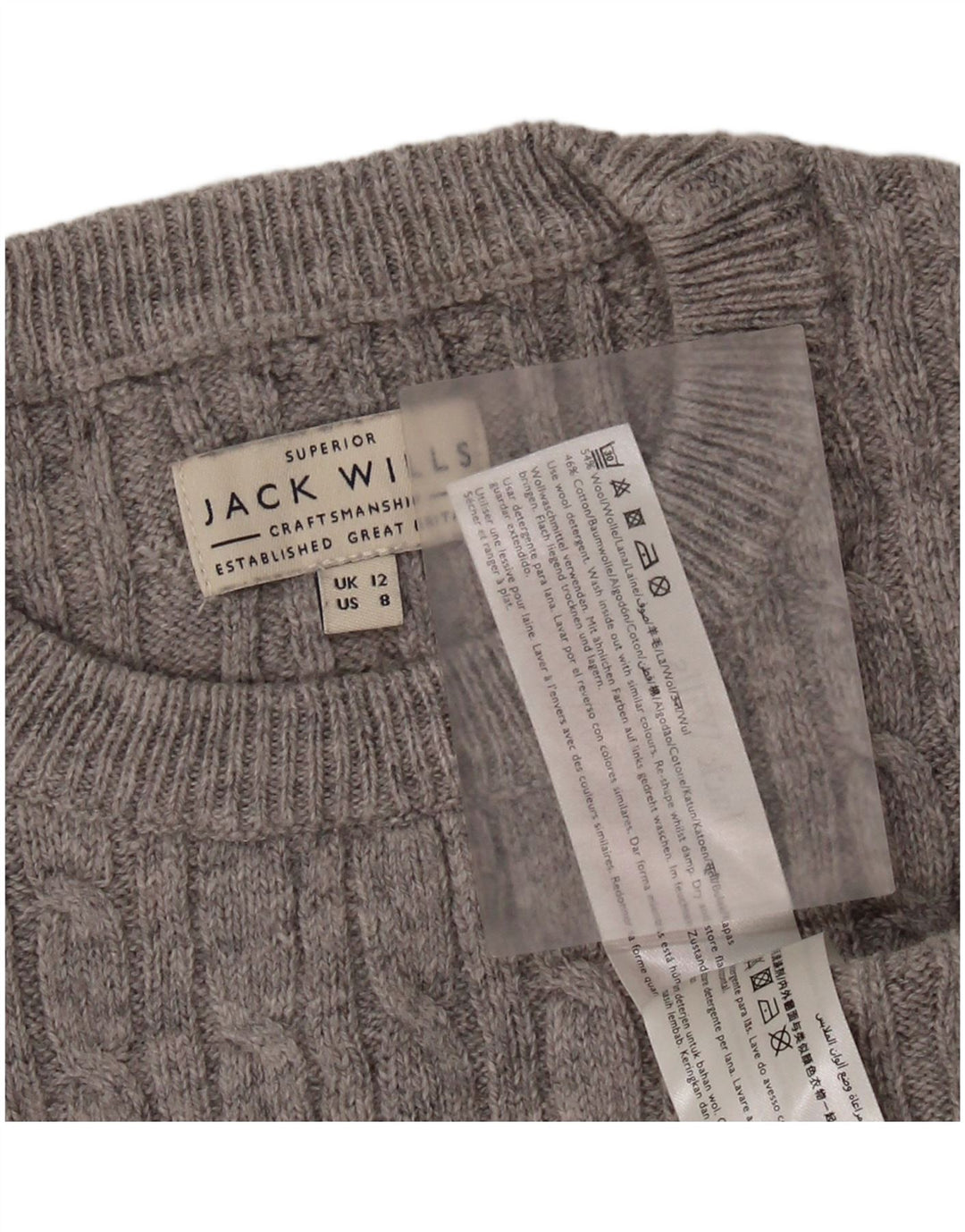JACK WILLS Dame Crop Crew Neck Jumper Sweater UK 12 Medium Grey Uld