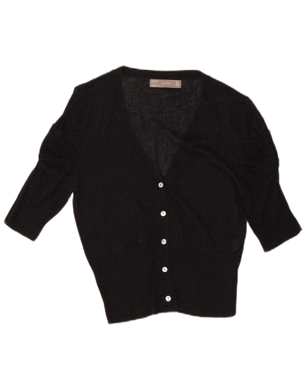 Zara Kortærmet Kvinde Cardigan Sweater UK 14 Stor Sort Bomuld