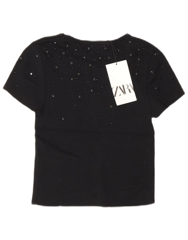 Zara Womens Crop T-Shirt Top UK 8 Small Black Viscose