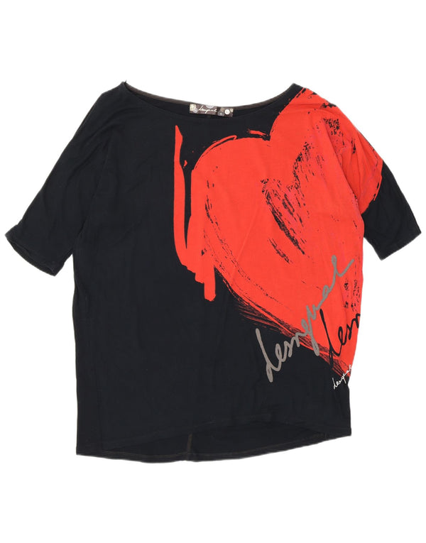 Desigual Dame Loose Fit Grafisk Top 3/4 ærmer UK 14 Medium Sort Bomuld