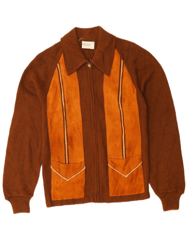 VINTAGE Dame Cardigan Sweater UK 10 Small Brown Colourblock Acryl