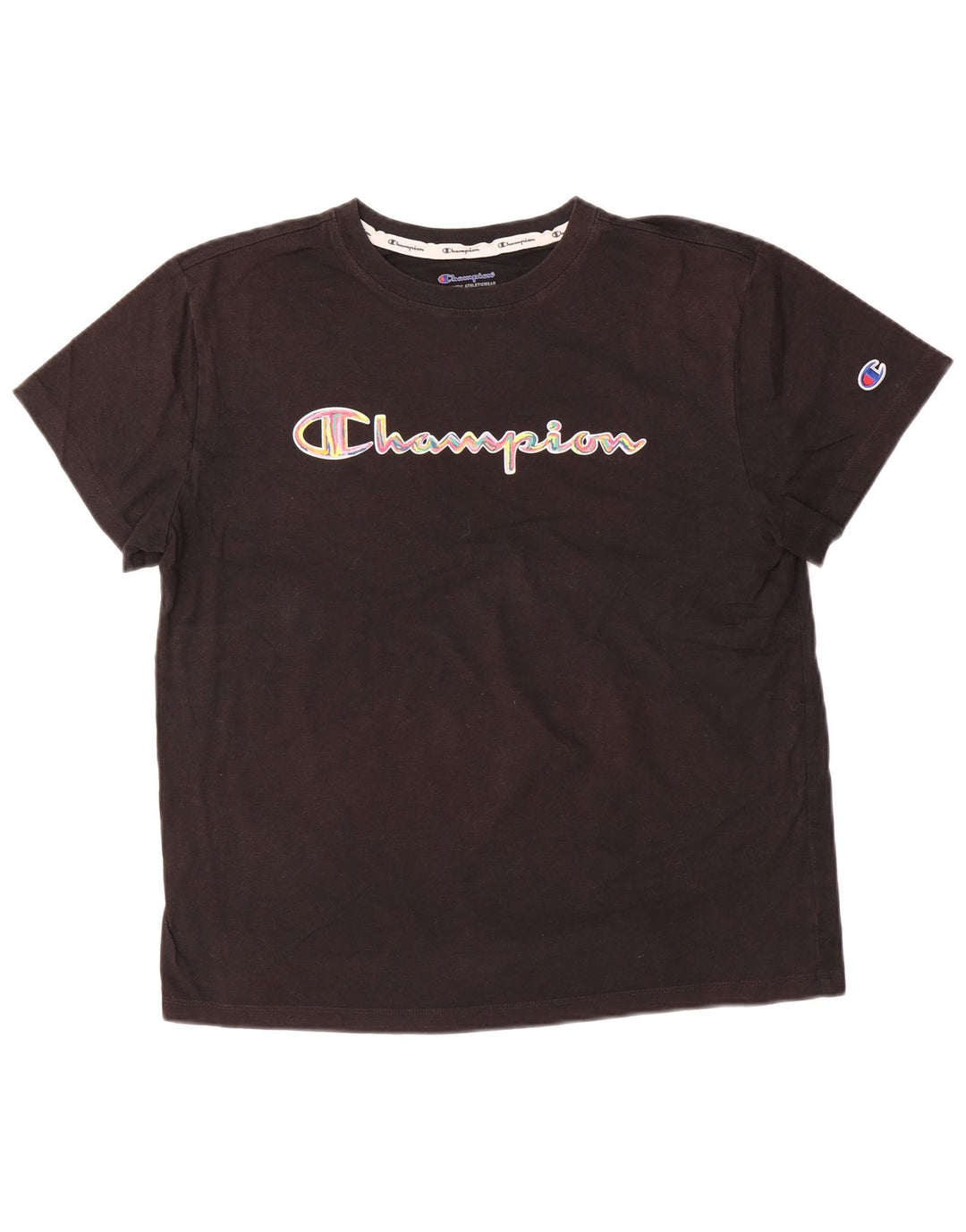CHAMPION Dame Grafisk T-Shirt Top UK 16 Stor Sort Bomuld