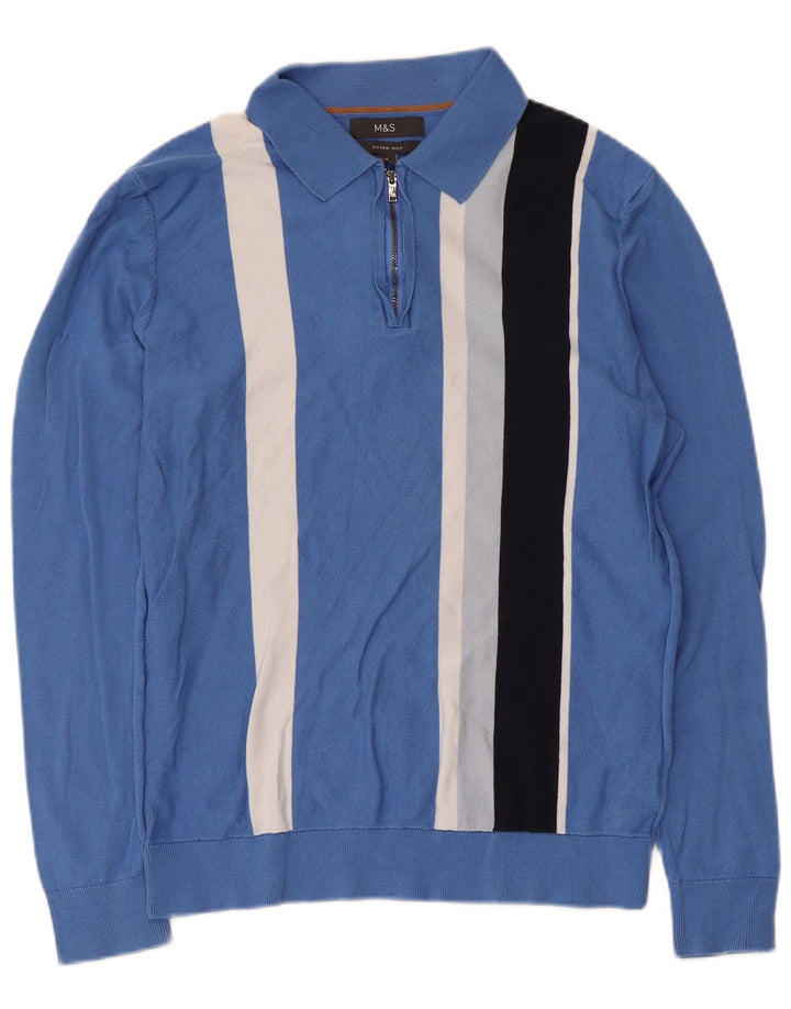 Marks & Spencer Herre polo-hals sweater mellemblå stribet bomuld