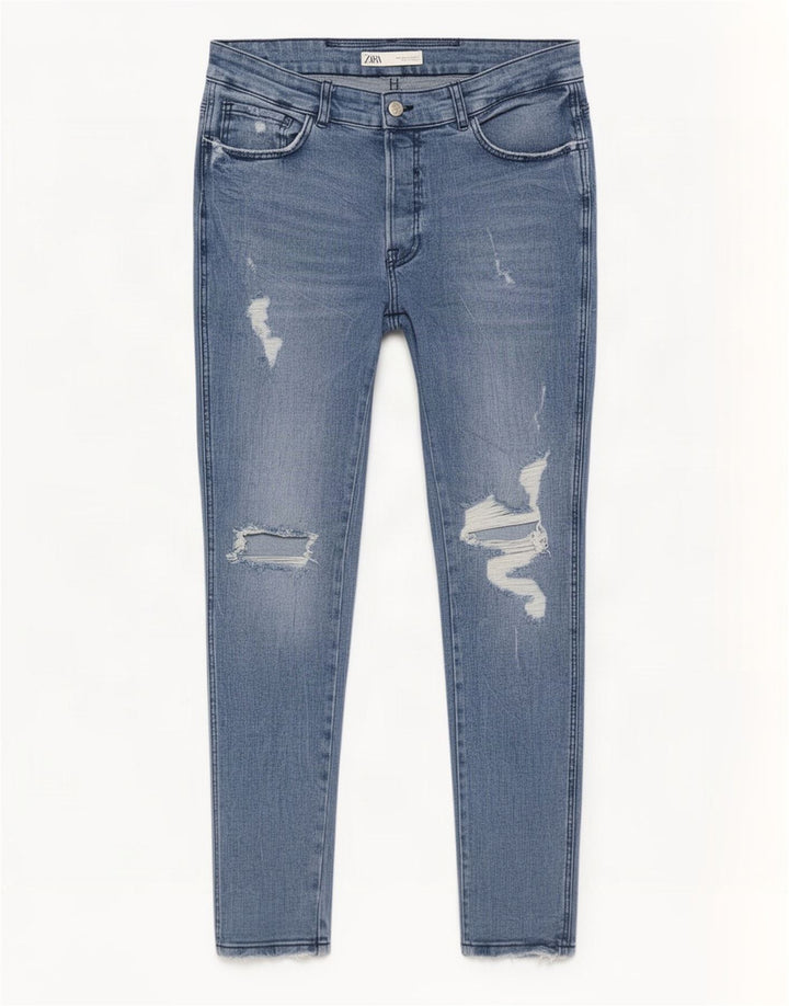 Zara Herre Distressed Slim Jeans EU 44 Large W34 L29 Blå
