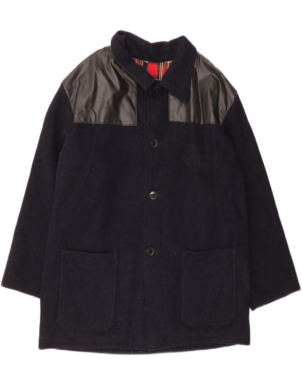 VINTAGE Herre Loose Fit Overfrakke IT 44 XS Marineblå Colourblock Uld