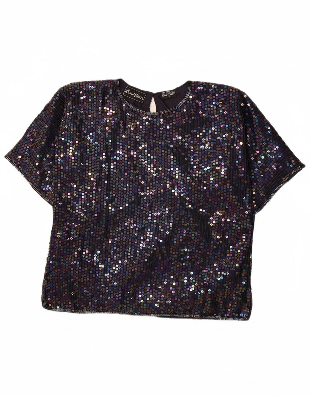 JEWEL QUEEN Womens Sequin Blouse Top UK 12 Medium  Navy Blue Silk