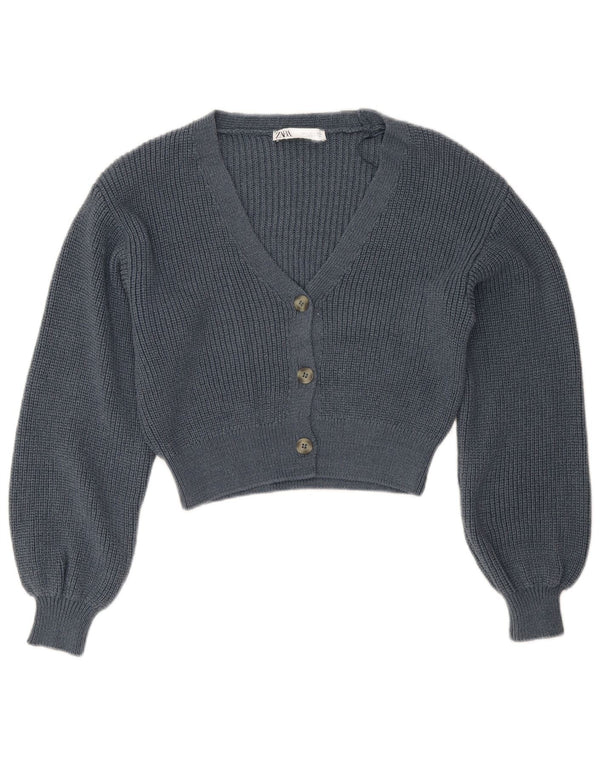 Zara Womens Crop Cardigan Sweater UK 10 Small Navy Blue Cotton
