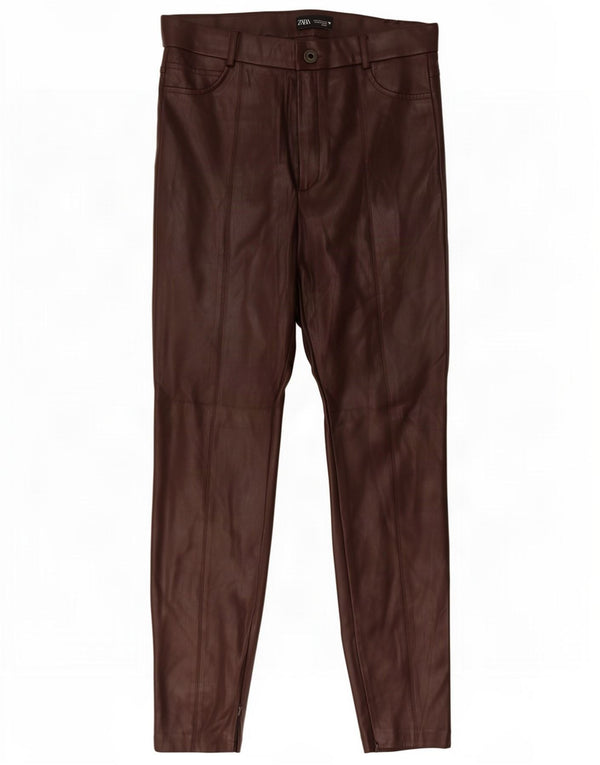 Zara Dame Slim Faux Læder Bukser Large W30 L29 Brun Polyethylen