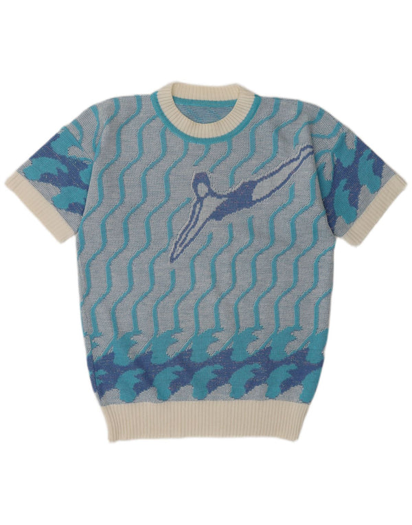 Vintage kvinders grafisk rund hals sweater UK 14 Medium Blue