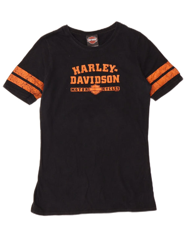 HARLEY DAVIDSON Dame grafisk T-shirt Top UK 12 Medium Sort Bomuld