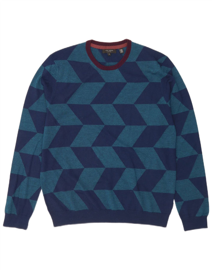 Ted Baker Herre Crew Neck Jumper Sweater Størrelse 5 XL Blå Geometrisk Uld
