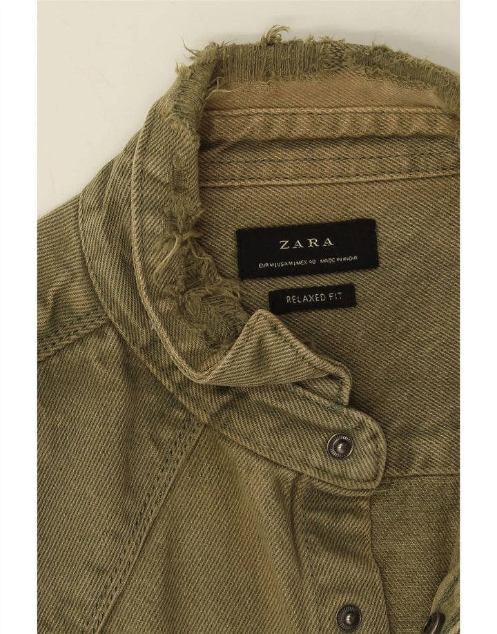 Zara Herre Distressed Relaxed Fit Denimskjorte Medium Khaki Bomuld