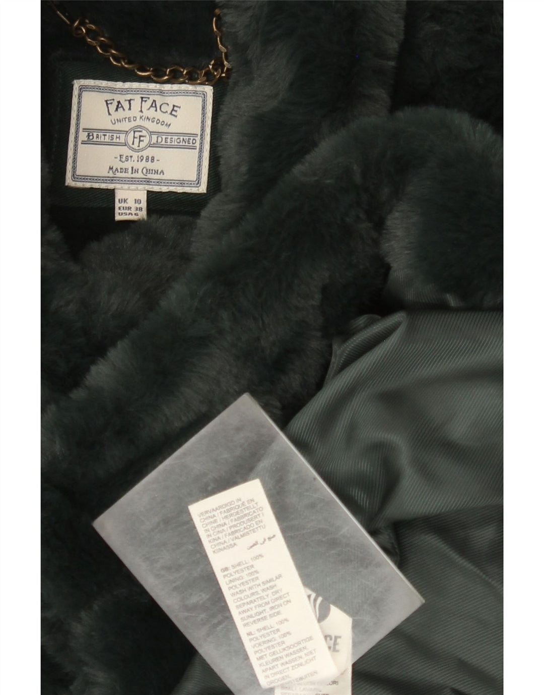 Fat Face Dame Oversized Faux Fur Overcoat UK 10 Small Green Polyester
