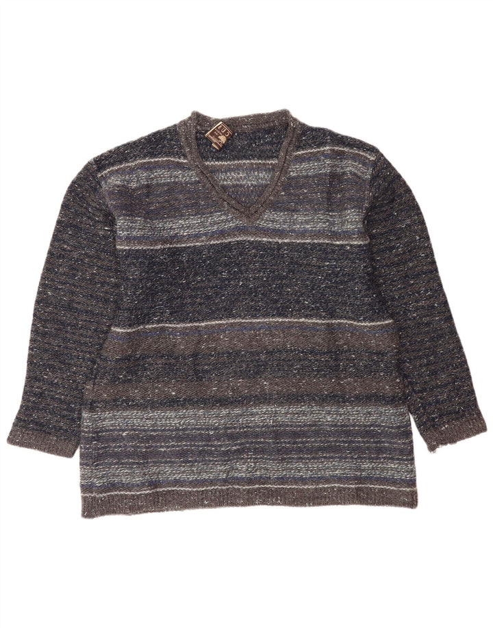 Vintage herre V-hals sweater mellem grå stribet