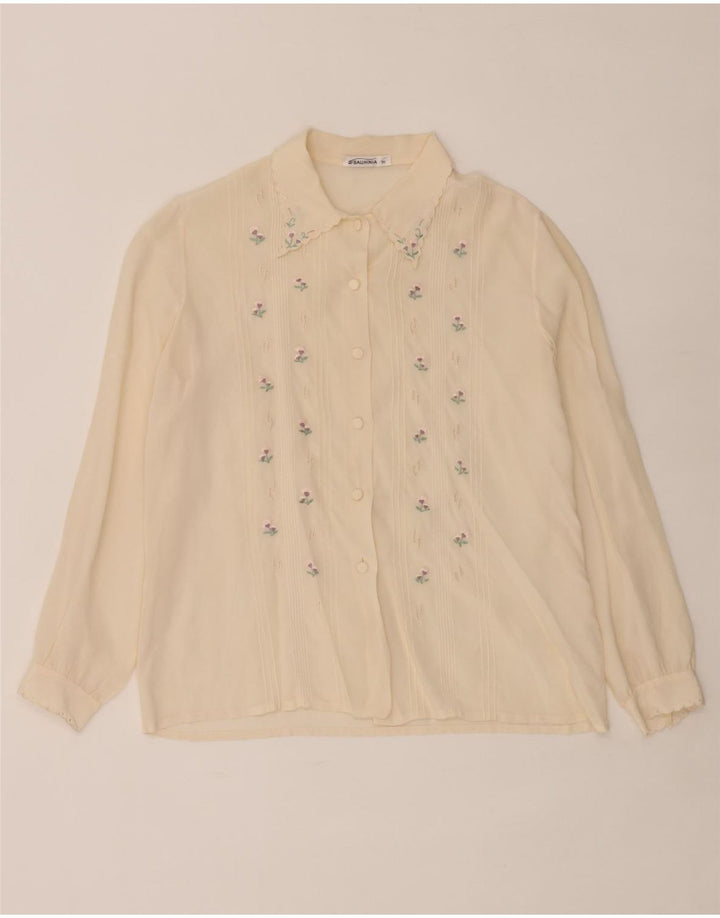 Vintage dameskjorte bluse EU 38 Medium Off White Floral Silke