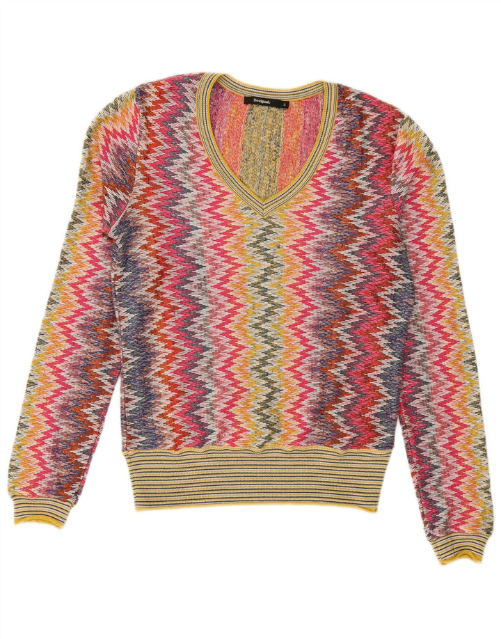 DESIGUAL Dame V-hals sweater UK 10 Small Multicolor Chevron