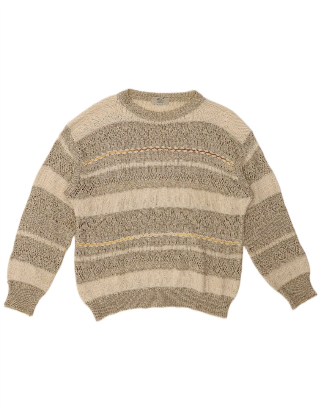 VINTAGE Dame Boat Neck Jumper Sweater UK 14 Stor Beige Stribet Bomuld