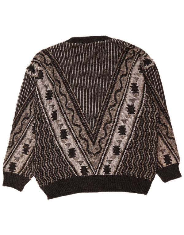 Vintage Herre V-hals sweater Stor Grå Geometrisk