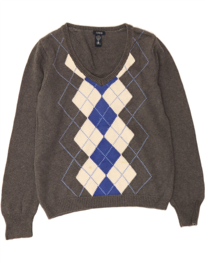 IZOD Womens V-Neck Jumper Sweater UK 14 Medium Grey Argyle/Diamond Cotton Vintage Izod and Second-Hand Izod from Messina Hembry 