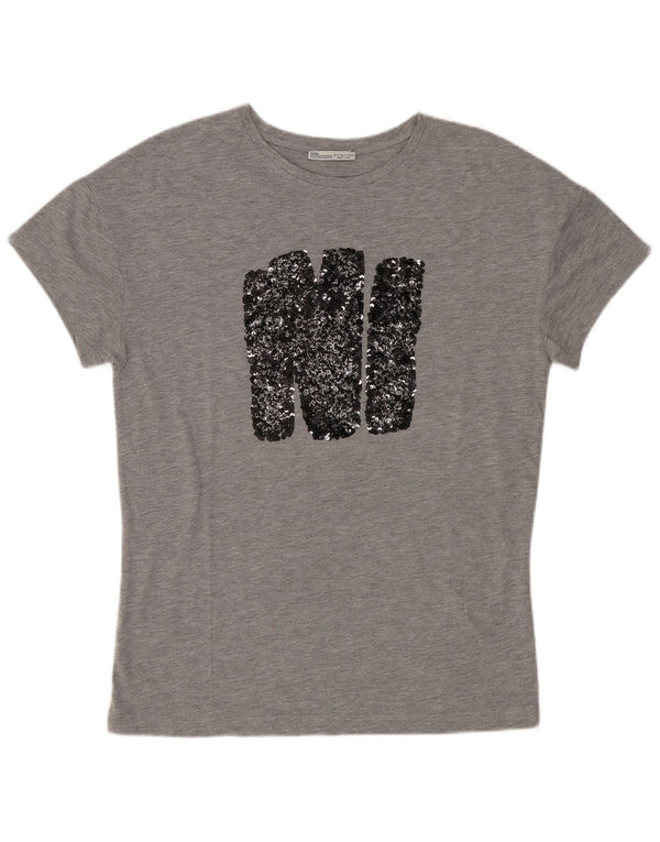Zara Grafisk T-Shirt Top UK 10 Small Grå Flecked Polyester