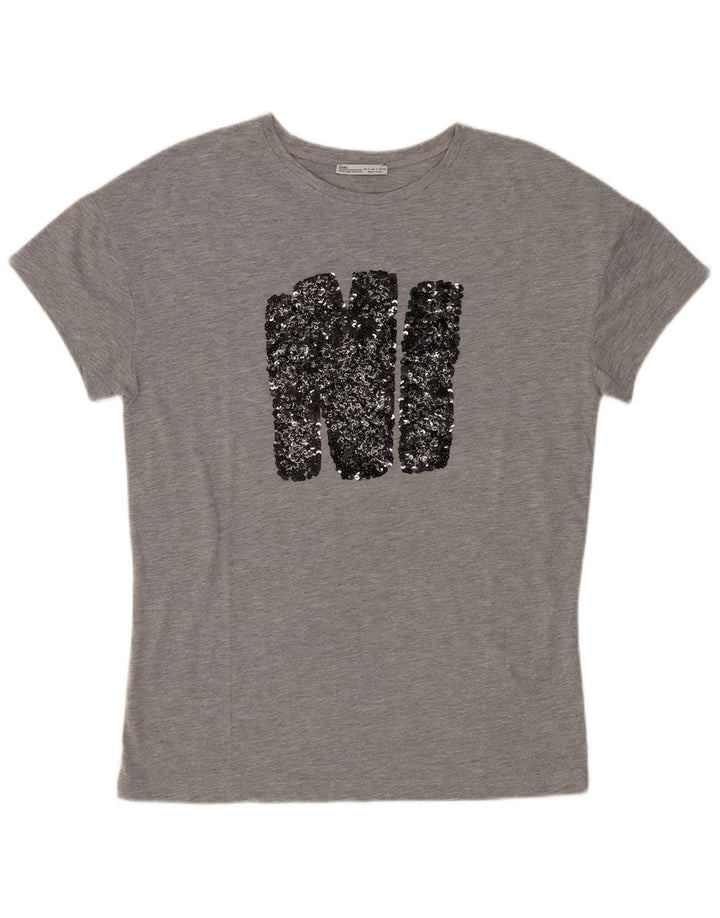 Zara Grafisk T-Shirt Top UK 10 Small Grå Flecked Polyester