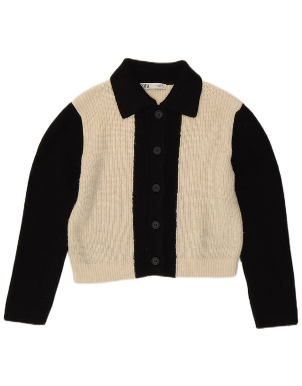 Zara Womens Crop Cardigan Sweater UK 12 Medium White Colourblock Acryl