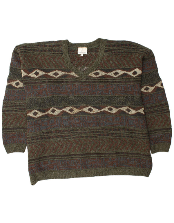 LONDON FOG Mens V-Neck Jumper Sweater 3XL Khaki Fair Isle