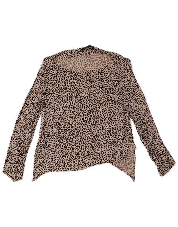 Zara Dame Asymmetrisk Langærmet Crop Top UK 12 Medium Beige Animal Print