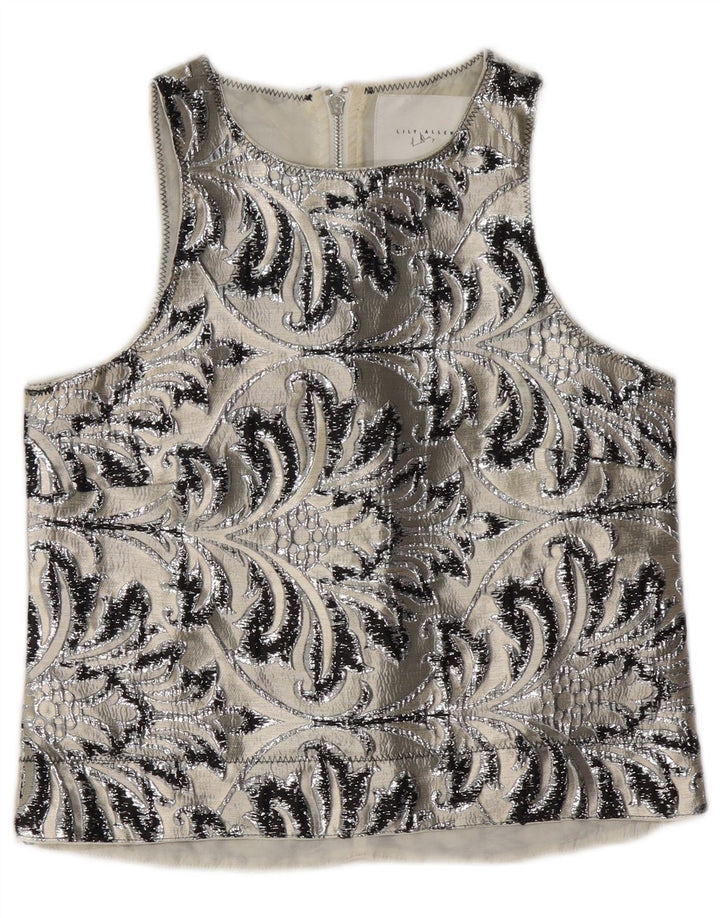 Vintage Dame ærmeløs bluse Top UK 10 Small Grå Paisley Polyester