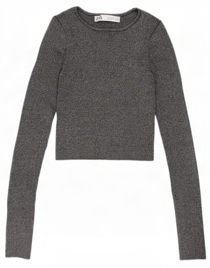 Zara Womens Crop Bluse Top UK 8 Small Silver Flecked Viscose