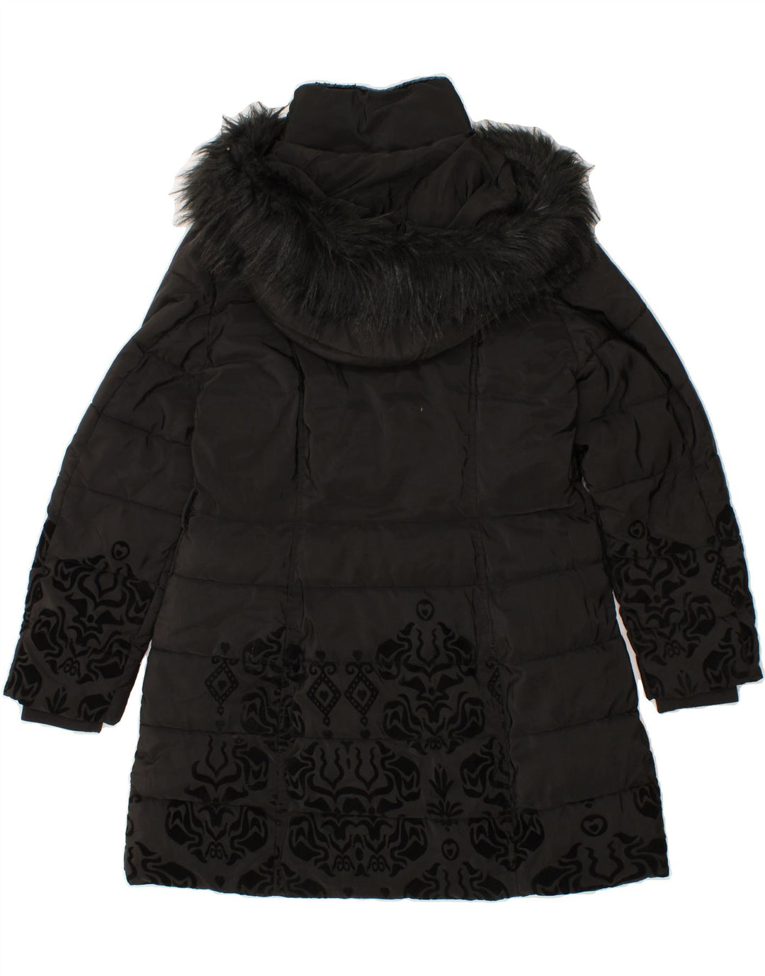 DESIGUAL Womens Abstract Pattern Hooded Padded Coat EU 44 XL Black Vintage Desigual and Second-Hand Desigual from Messina Hembry 