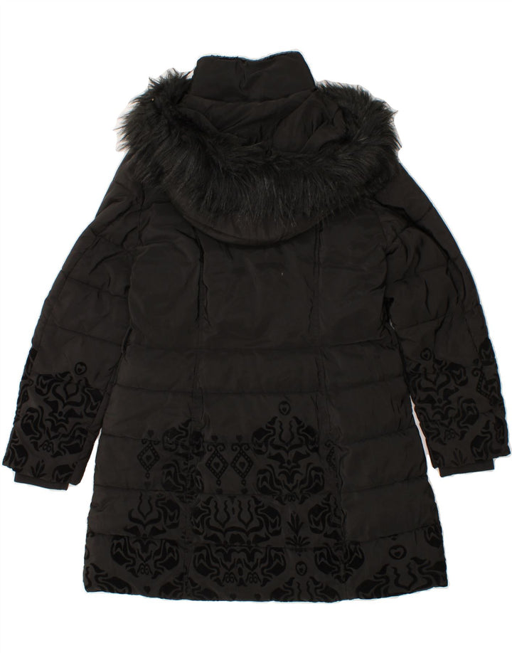 DESIGUAL Womens Abstract Pattern Hooded Padded Coat EU 44 XL Black Vintage Desigual and Second-Hand Desigual from Messina Hembry 