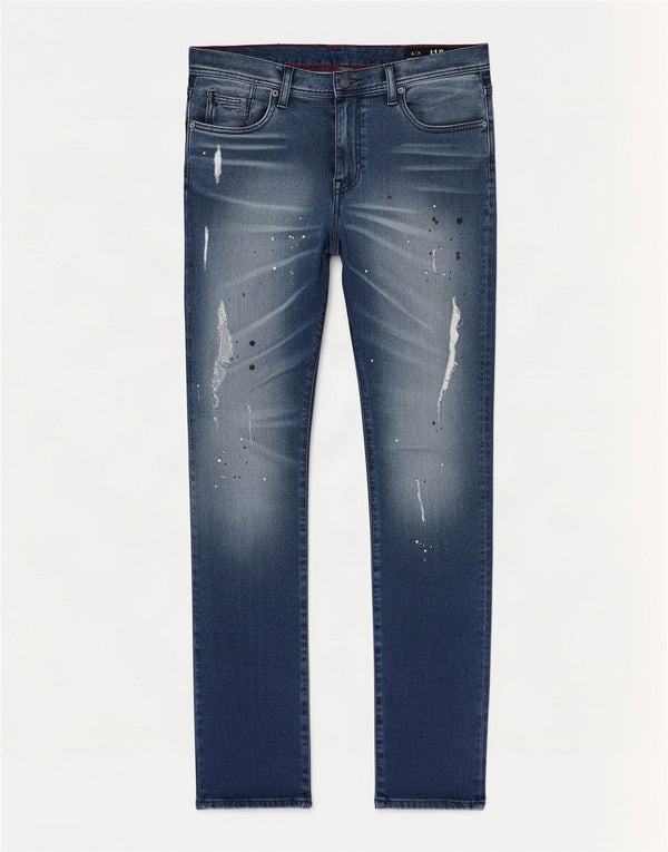 Armani Exchange Herre Distressed Slim Jeans W34 L32 Blå plettet bomuld