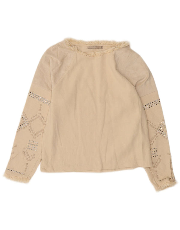 Zara Dame Langærmet Bluse Top UK 10 Small Off White Geometrisk Bomuld