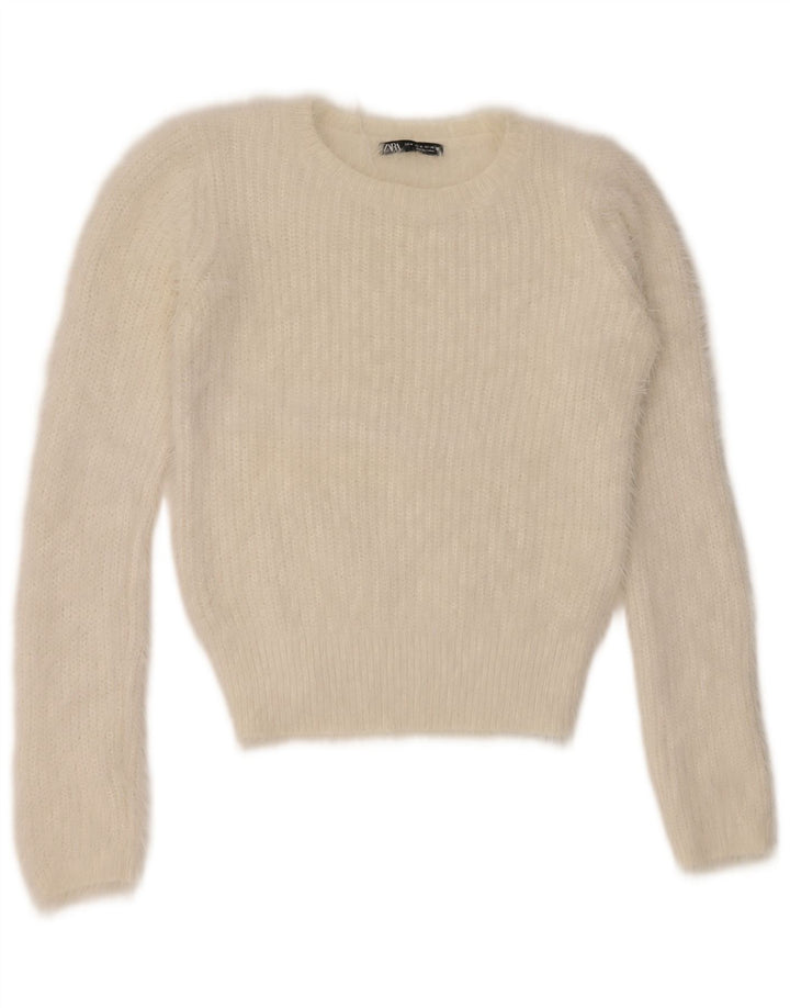 Zara Dame Crop Crew Neck Jumper Sweater UK 12 Medium Off White