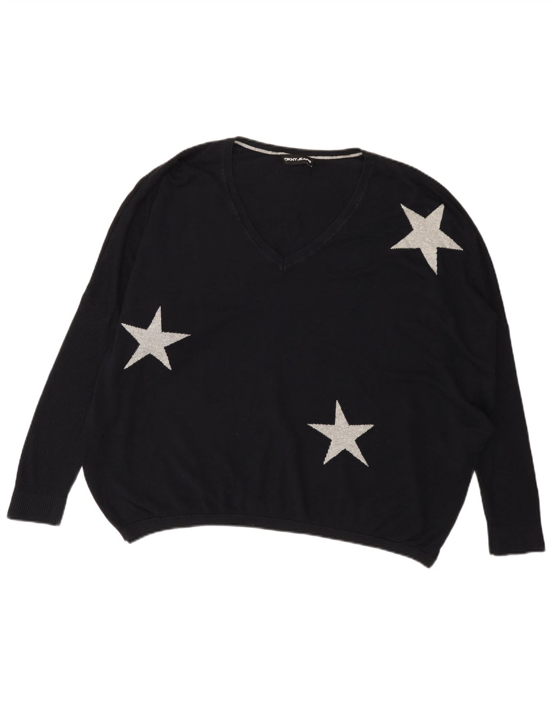 Dkny Dame Grafisk Oversized V-hals Jumper Sweater UK 14 Large Sort