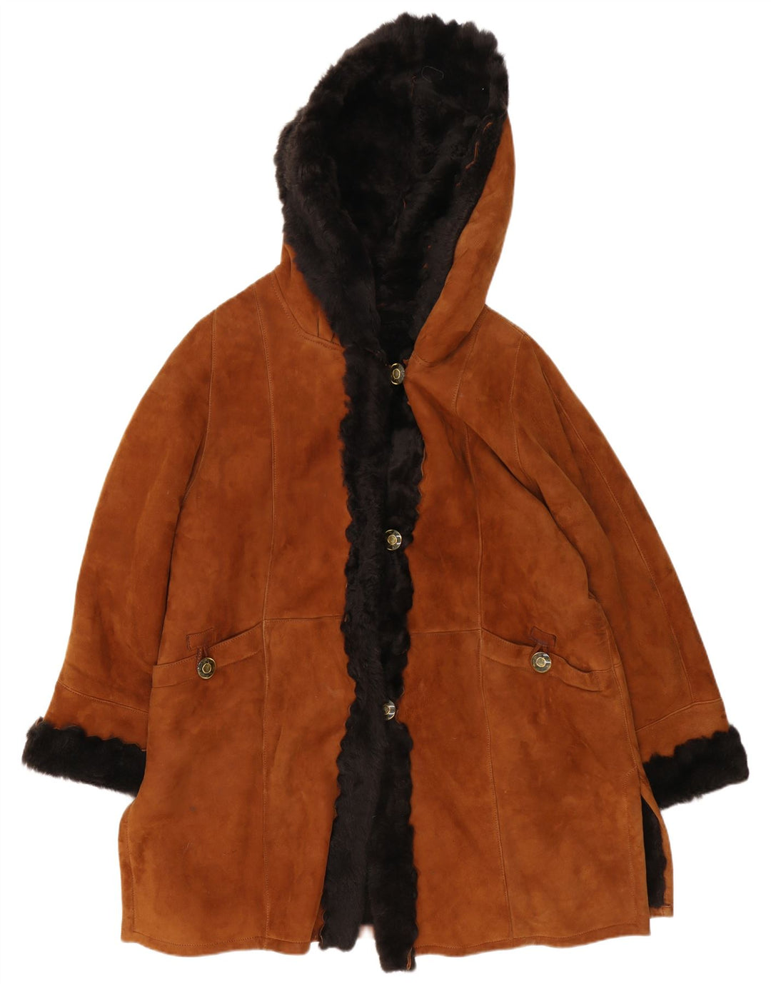VINTAGE Dame Hætte Oversized Shearling Coat UK 18 XL Brun