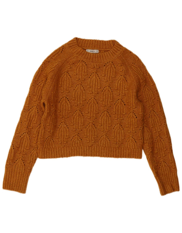 Zara Womens Crop Crew Neck Jumper Sweater UK 14 Medium Orange Akryl