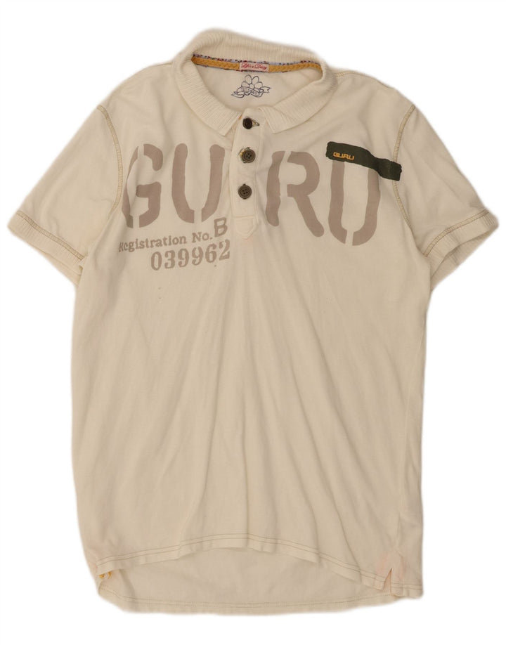 GURU Mens Graphic Polo Shirt XL Off White Cotton