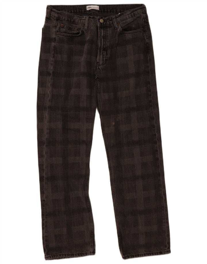 Zara Straight Jeans til kvinder EU 42 Large W32 L30 Grå ternet bomuld