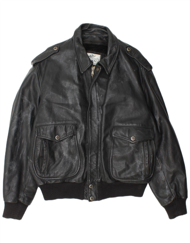Vintage Herre Militær Læderjakke IT 52 XL Sort Læder