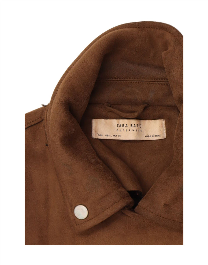 Zara Womens Crop Faux Ruskind Biker Jacket UK 14 Large Brown Polyester