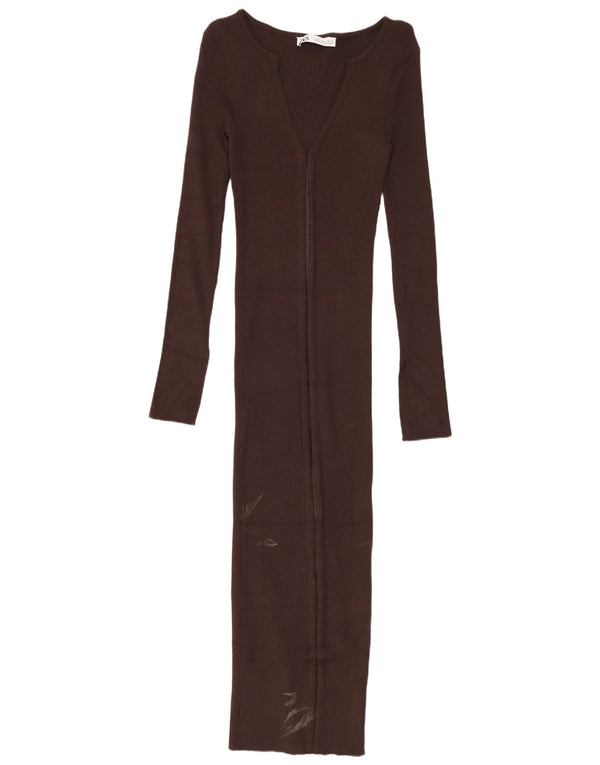 Zara Dame Langærmet Bodycon Kjole UK 8 Small Brown Viscose