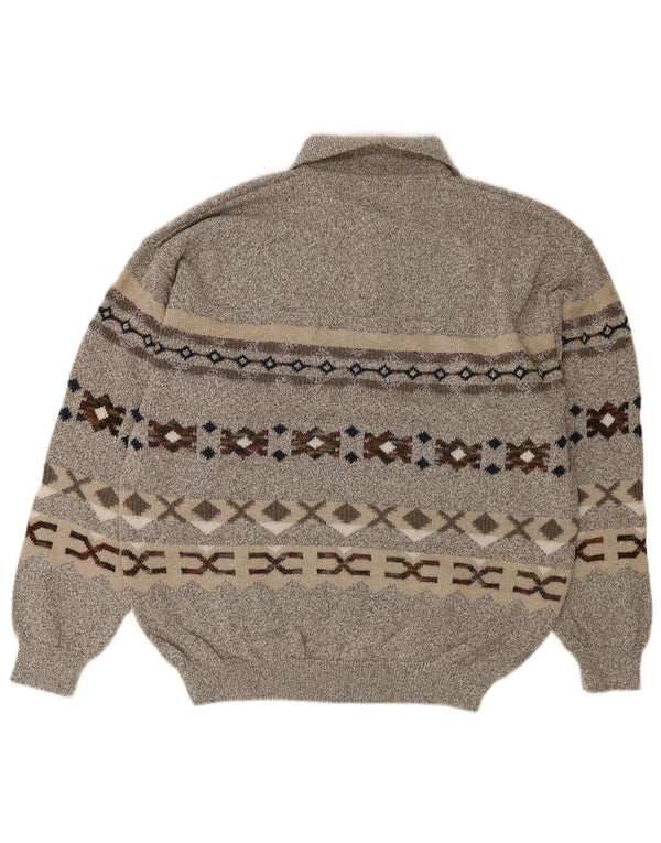 Malagrida Herre Polo Neck Jumper Sweater Large Grey Fair Isle Bomuld