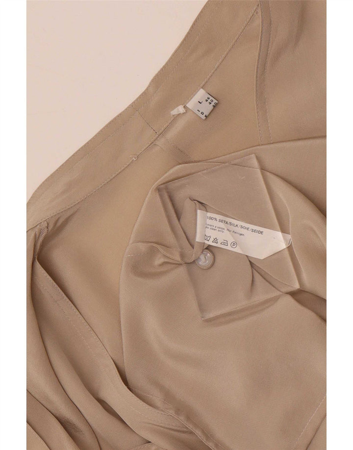 Vintage Dame Front Tie Shirt Bluse UK 14 Large Beige Silk